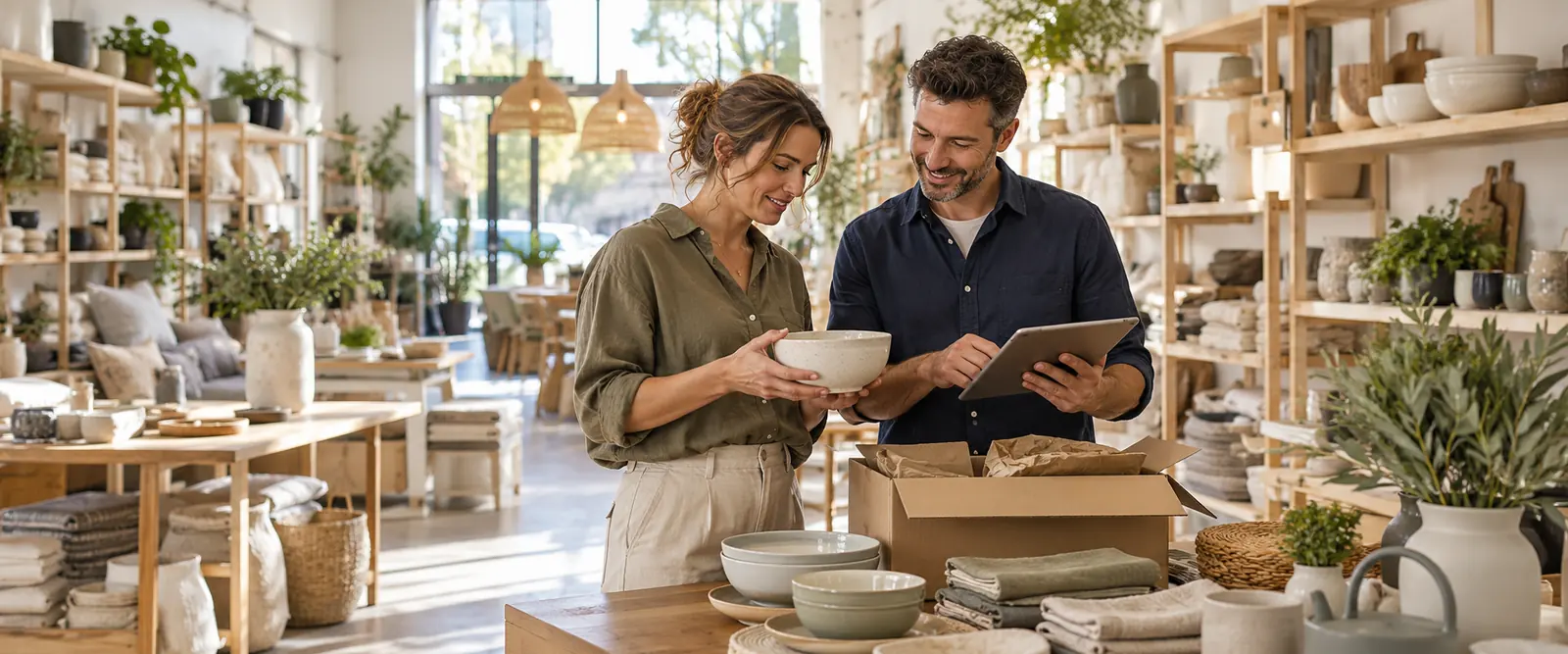 Shop owners unpacking stock in their homewares store – business insurance by Shielded Insurance