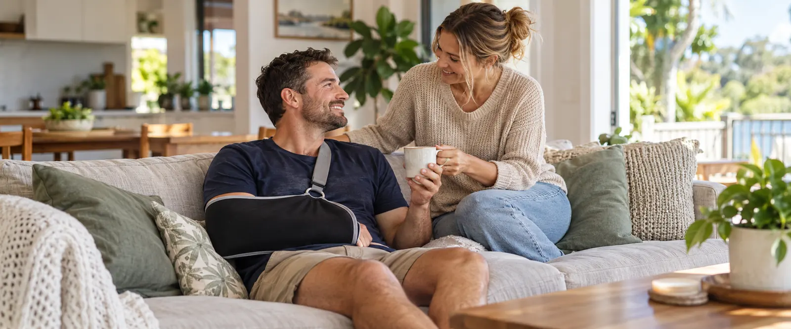 Man recovering at home with his arm in a sling – personal accident and sickness insurance by Shielded Insurance