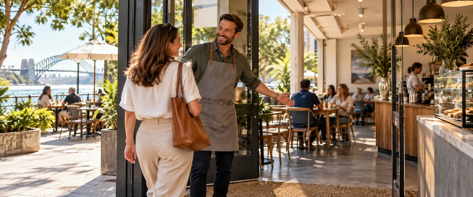 Café host welcoming a customer – public liability insurance by Shielded Insurance