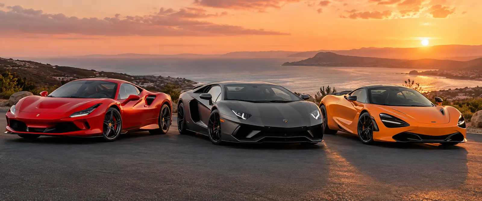 Red, black and orange supercars parked on a coastal road at sunset – supercar insurance by Shielded Insurance