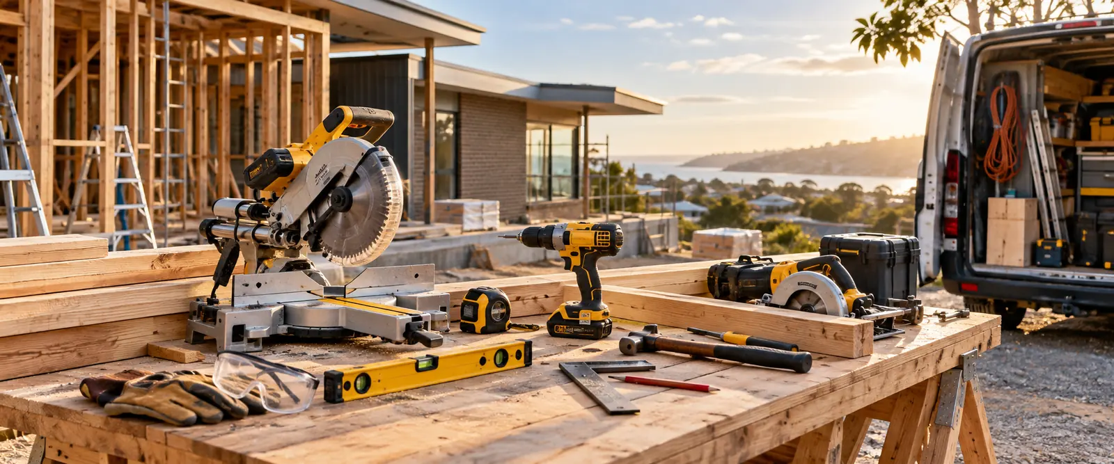Power tools on a building site workbench – tools of trade insurance by Shielded Insurance