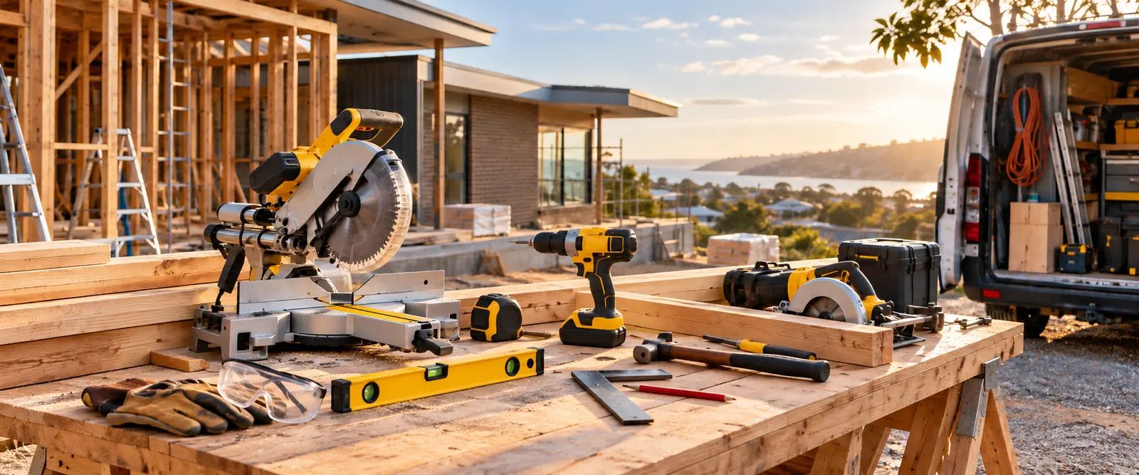 Tradie tools and work van on a building site – tradie insurance by Shielded Insurance
